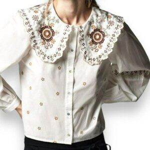 ZARA Crop White Blouse Button Up Embroidered Long Puff Sleeve